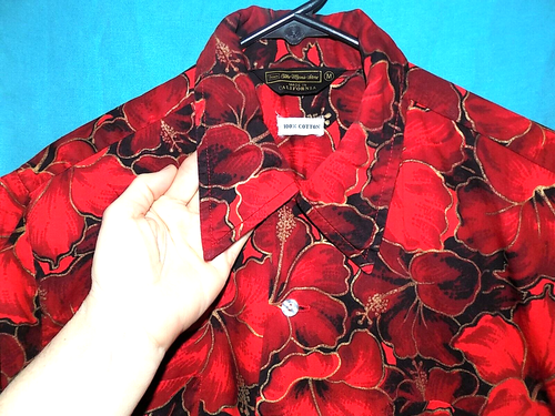 Exc! Vtg 60s SEARS HAWAIIAN SHIRT, TOP LOOP, COTTON, RED, BLACK,SHINY GOLD, Sz M - Picture 2 of 9