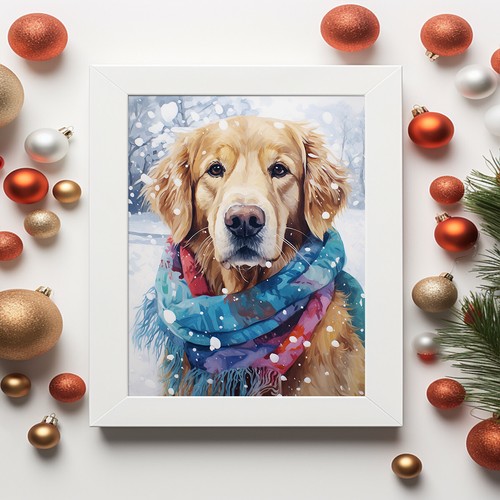 Golden Retriever im Winterschaldruck, Aquarellgemälde, Haustierporträt - Bild 9 von 10