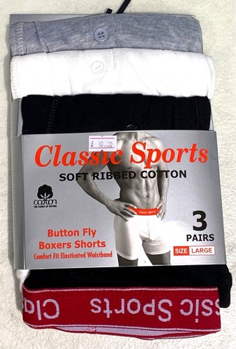 Men's Classic Soft Cotton Button Fly 3 Pack Boxer Shorts Black Grey Blue - Picture 9 of 14