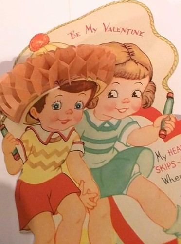 Vintage Valentine Honeycomb Surprise On Hat Jump Rope Sweet Children LARGE - Photo 2/5