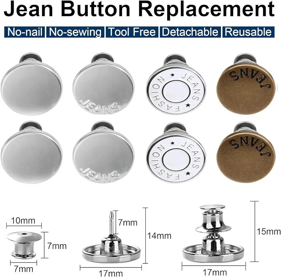 8 Set Button Pins for Jeans Pants, No Sew Jean Tightener, New, Assorted - Image 2 of 4