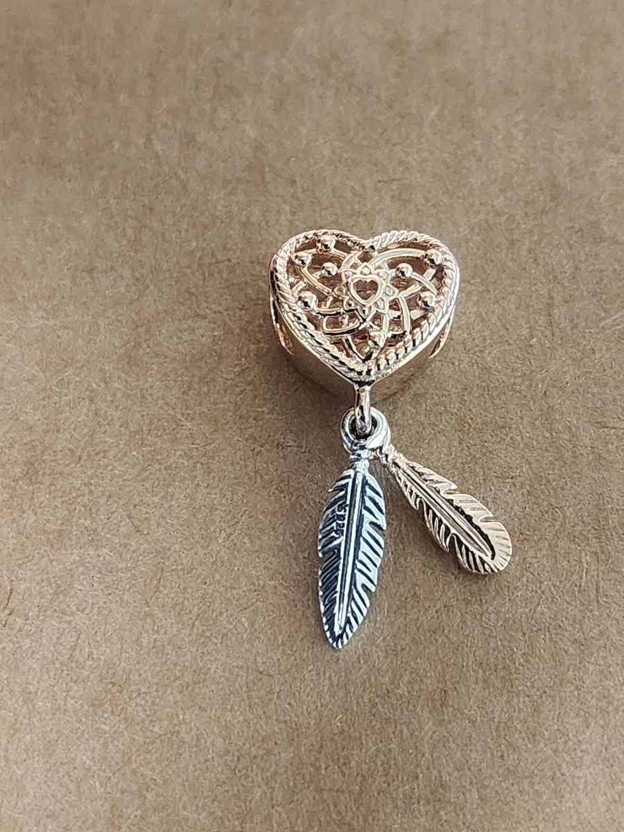 AUTHENTIC PANDORA OPENWORK HEART TWO FEATHERS DREAMCATCHER CHARM