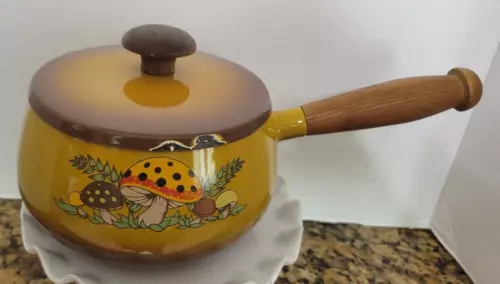 Vintage Sears- Merry Mushroom Fondue Enamel Pot MCM 1970's
