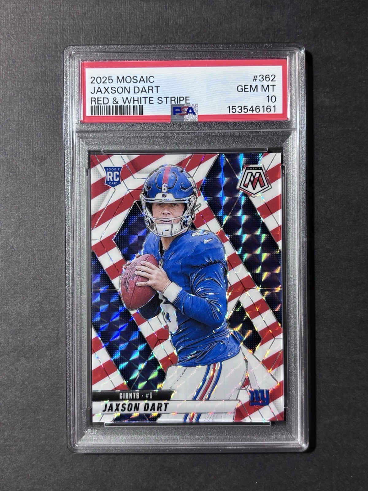 2025 Panini Mosaic Jaxson Dart Red & White Stripe #362 (RC) Rookie - PSA 10
