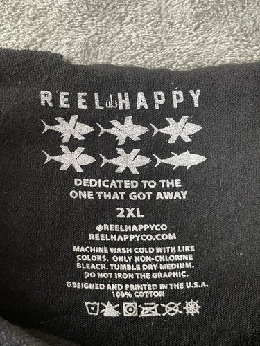 REEL HAPPY Fish Graphic T Shirt CUT OFF COLLAR Mens Size 2XL Short Sleeve Black - Picture 10 of 16