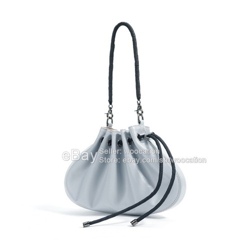 Mini White Lambskin Leather Crossbody Bag Chic Drawstring Pouch Bag Ruched Hobo - Picture 12 of 20