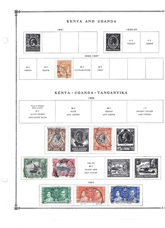 Kenya-Uganda-Tanganyika, 1935-1938, 10 stamps, hinged on two album pages