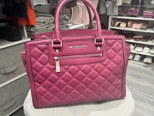 Michael Kors Quilted Selma Satchel W/Crossbody Strap Raspberry Silver Hardware