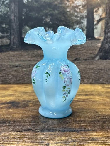 Randy Fenton Blue Topaz Overlay Melon Vase Flowers Hand Painted M. Nutter F92