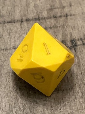 Vintage Gamescience d10 opaque yellow uninked rpg ad&d dice 120723@