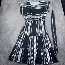 Black & White Geometric Print Tiered Midi Dress With Matching Belt Polyester Sho