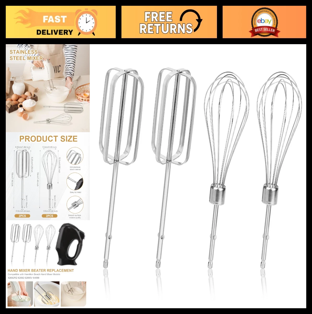 4pcs Stainless Steel Hand Mixer Beaters Set - Electric Mixer Replacement Parts,