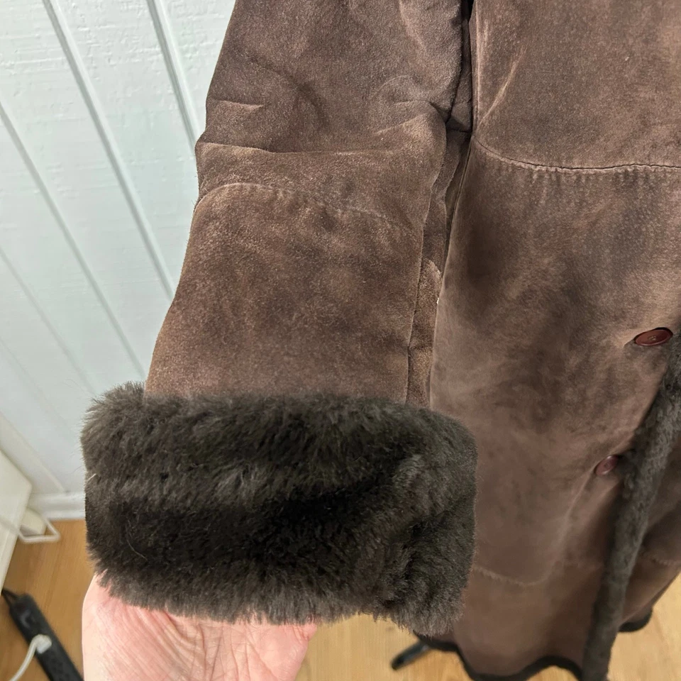 Steve Searle Mujeres Vintage Gamuza Cuero Abrigo Largo Boho Hada Invierno Marrón Pequeño Foto 2 de 4