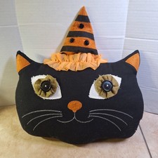 Halloween Black Cat Striped Witch Hat Throw Pillow Black Orange Handmade 14"