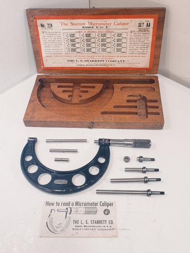 Starrett No. 224 Set AA 0-4" Outside Micrometer Caliper Set Vintage Made In USA