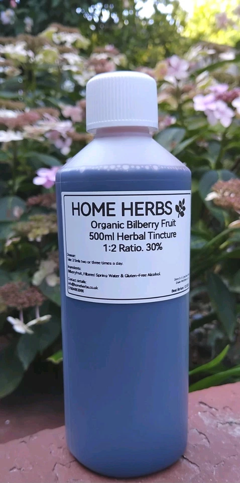 HOME HERBS Organic Bilberry Fruit Tincture 500ml. 1:2 Ratio High Strength Herbal Extract