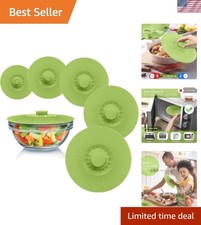 Set of 5 Green Silicone Bowl Lids - Reusable Suction Seal Covers for Easy Sto...