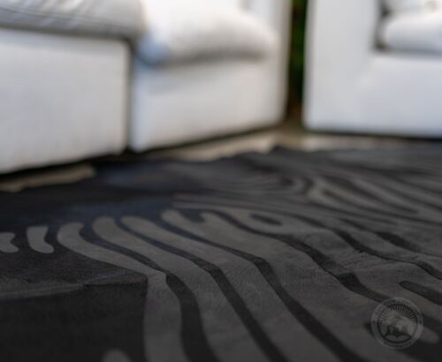 Real Zebra Acid Wash on Dyed Black Cowhide Rug - Size 6x7-8' - Picture 4 of 9