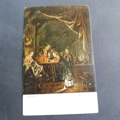 UNPOSTED VTG AVONDSCHOOL GERMAN POSTCARD NIGHT SCHOOL STUDENT GERARD DOU DUTCH
