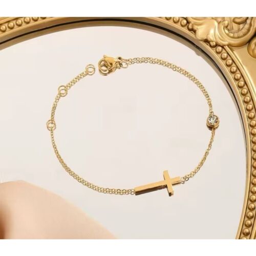 Cross Bracelet 14k Gold Overlsy Chain Rhinestone Charm Religious Jewelry Gift