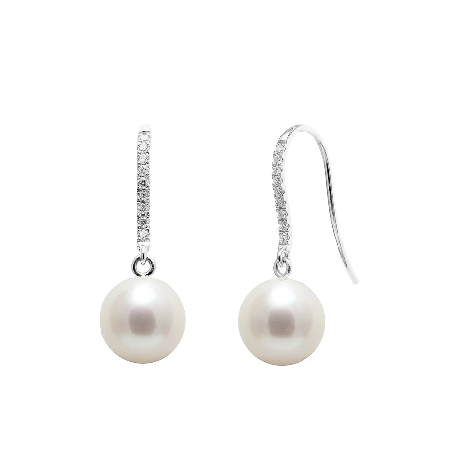 Genuine 8-8.5mm Round Cultured River Pearl & Diamond Earrings - 18ct White Gold - Image 1 of 1