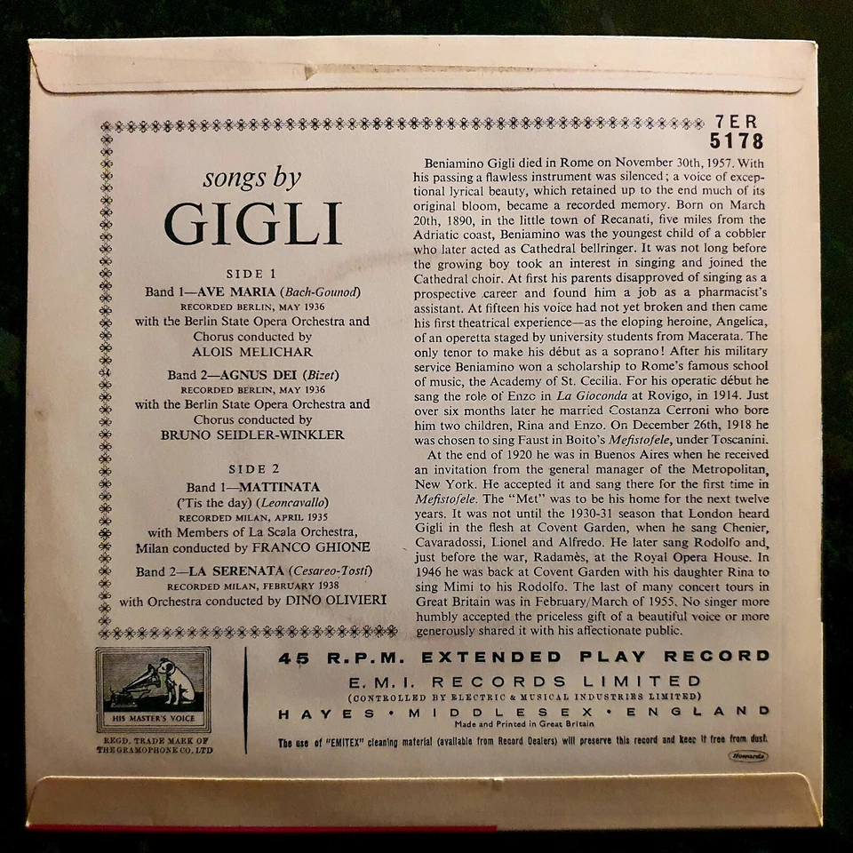 Beniamino Gigli - Songs By Gigli - Near Mint 7" EP - Image 2 of 4