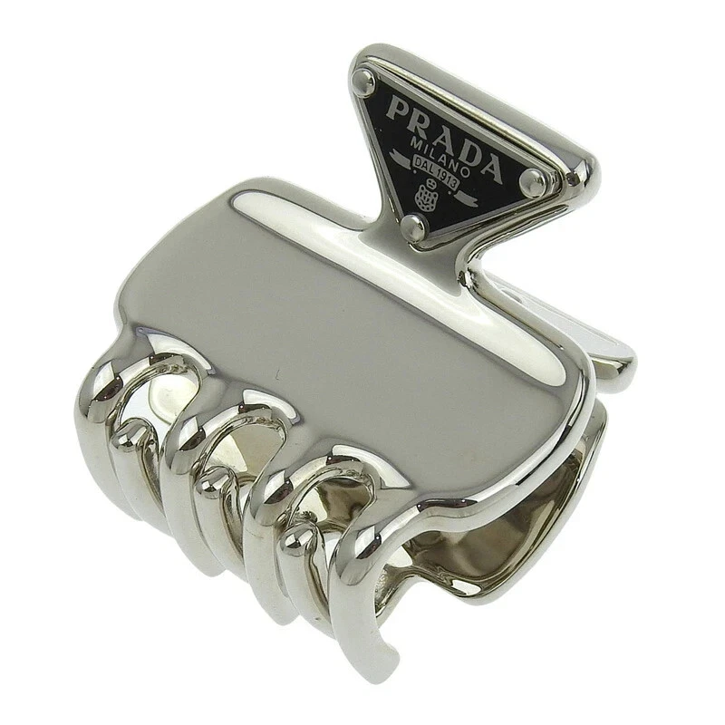 Prada Fermaglio Capelli Logo Triangolo Accessorio Capelli Metallo Acciaio Grigio 1IF087 CON B Autentico