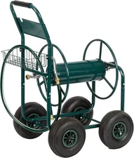 VINGLI 4-Wheel Garden Hose Reel Cart with Storage Basket for Backyard (Green)