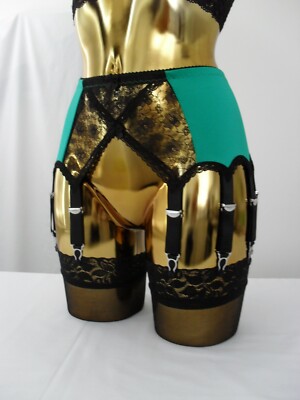 Med-XL 14 Strap Emerald Green Lycra Black Crossover Lace Designer Suspender Belt