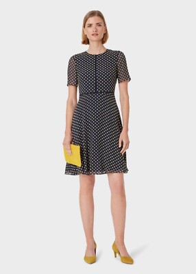 Hobbs fit&flare clipped dobby jacquard CECILY DRESS in MIDNIGHT YELLOW UK  size 8 | eBay UK