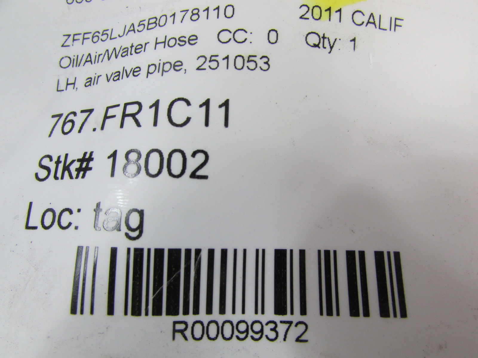Ferrari California, LH, Left Air Valve Pipe, Used, P/N 251053