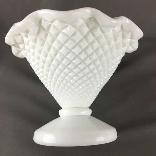 Vintage 4" Tall Westmoreland White Milk Glass English Hobnail Crimped Vase