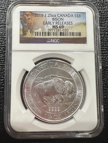 2015 SILVER CANADA $8 BISON LABEL 1 1/4 OZ COIN NGC MS 69 EARLY RELEASES 1.25 OZ