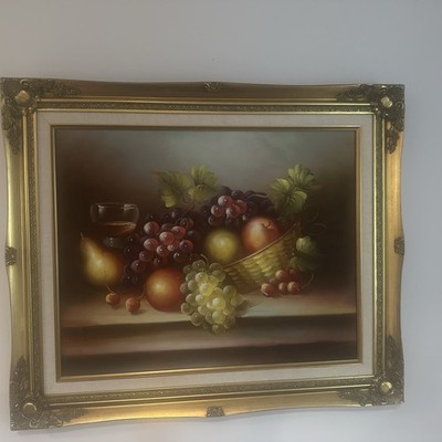 Still Life Oil Painting Ornate Good Frame Fruit Basket Glass Artist Signature 
