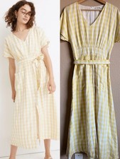 Madewell Yellow White Gingham V-Neck Dolman Sleeves Tie Waist Midi Dress Size 2