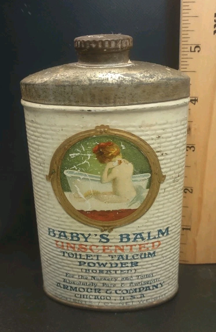 Antique Armour Baby's Balm Talcum Powder Vanity Advertising Tin Good Graphics