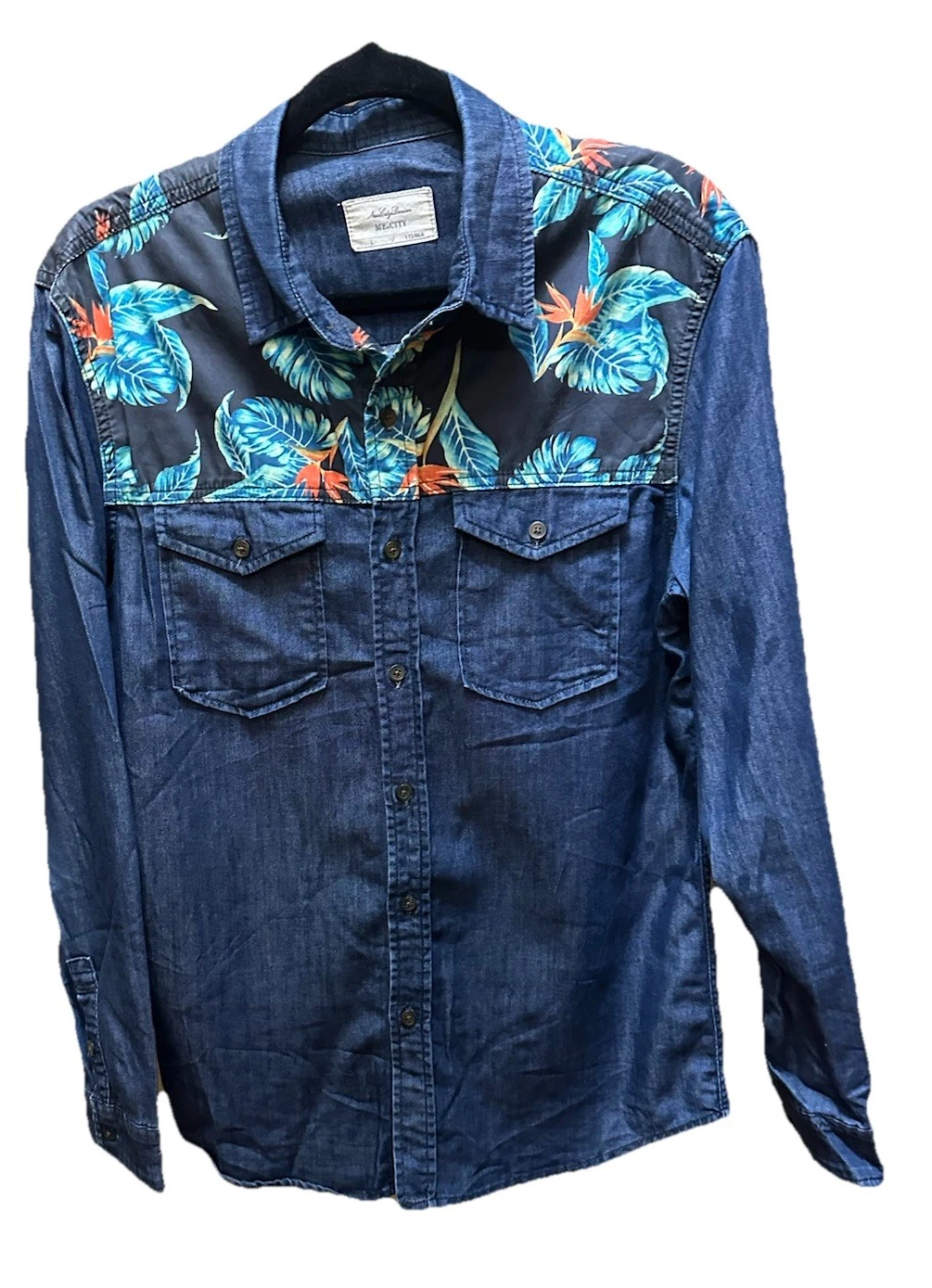 ME&CITY Tropical Floral Inset Denim Shirt - Men’s Large (Fits Medium)