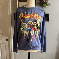 VTG Sailor Moon Women s S Blue Anime Graphic Fleece Pullover Sweatshirt