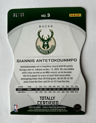 2024-25 TOTALLY CERTIFIED GIANNIS ANTETOKOUMPO PURPLE DIE-CUT 1/49 BUCKS - Picture 2 of 2