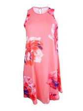 Calvin Klein Women's Plus Chiffon Floral-Print Trapeze Dress (14W, Coral Multi)