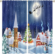 Merry Christmas Curtains, Winter Season Snowman Xmas Tree Santa Sleigh Moon Pres