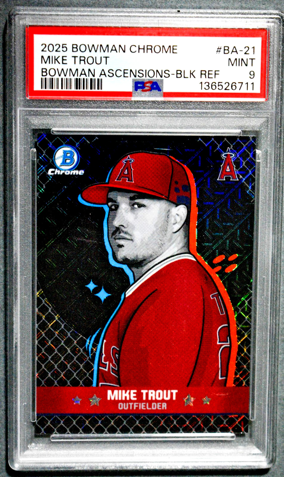 2025 Bowman Chrome #BA-21 Ascensions Mike Trout Black Refractor /10 SSP PSA 9