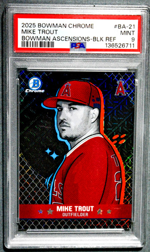 2025 Bowman Chrome #BA-21 Ascensions Mike Trout Black Refractor /10 SSP PSA 9