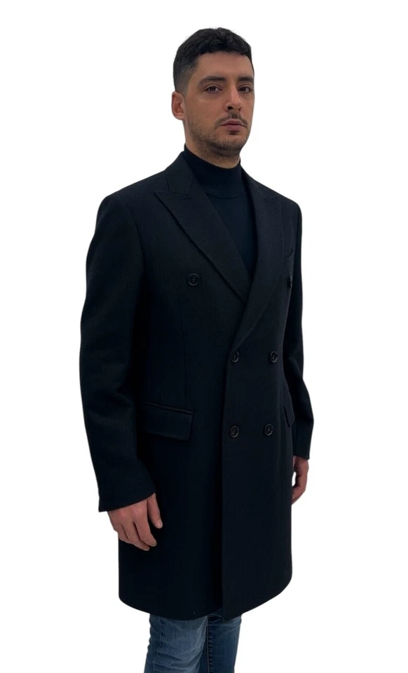Cappotto doppiopetto uomo Stefano Capaldi blu spigato in misto lana, sconto 60%. Foto 4 de 4
