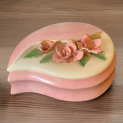 Vintage 1958 Powder Pink Large Ceramic Trinket Candy Dish Rose Floral Accent 