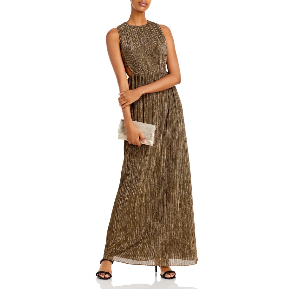 残り僅か！【BCBG MAXAZRIA】Column Gown BCBGMAXAZRIA Women's Metallic Pleated Cut Out Long Evening
