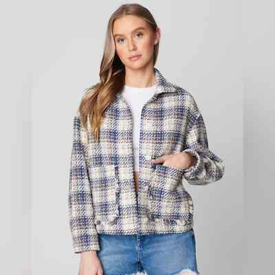 NWT Blank NYC Blue Plaid Tweed Shacket Jacket Size Large