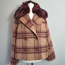 Max & Co Wool Mohair Jacket Check Fur Collar Boxy Smart Elegant Pea Coat Size 8