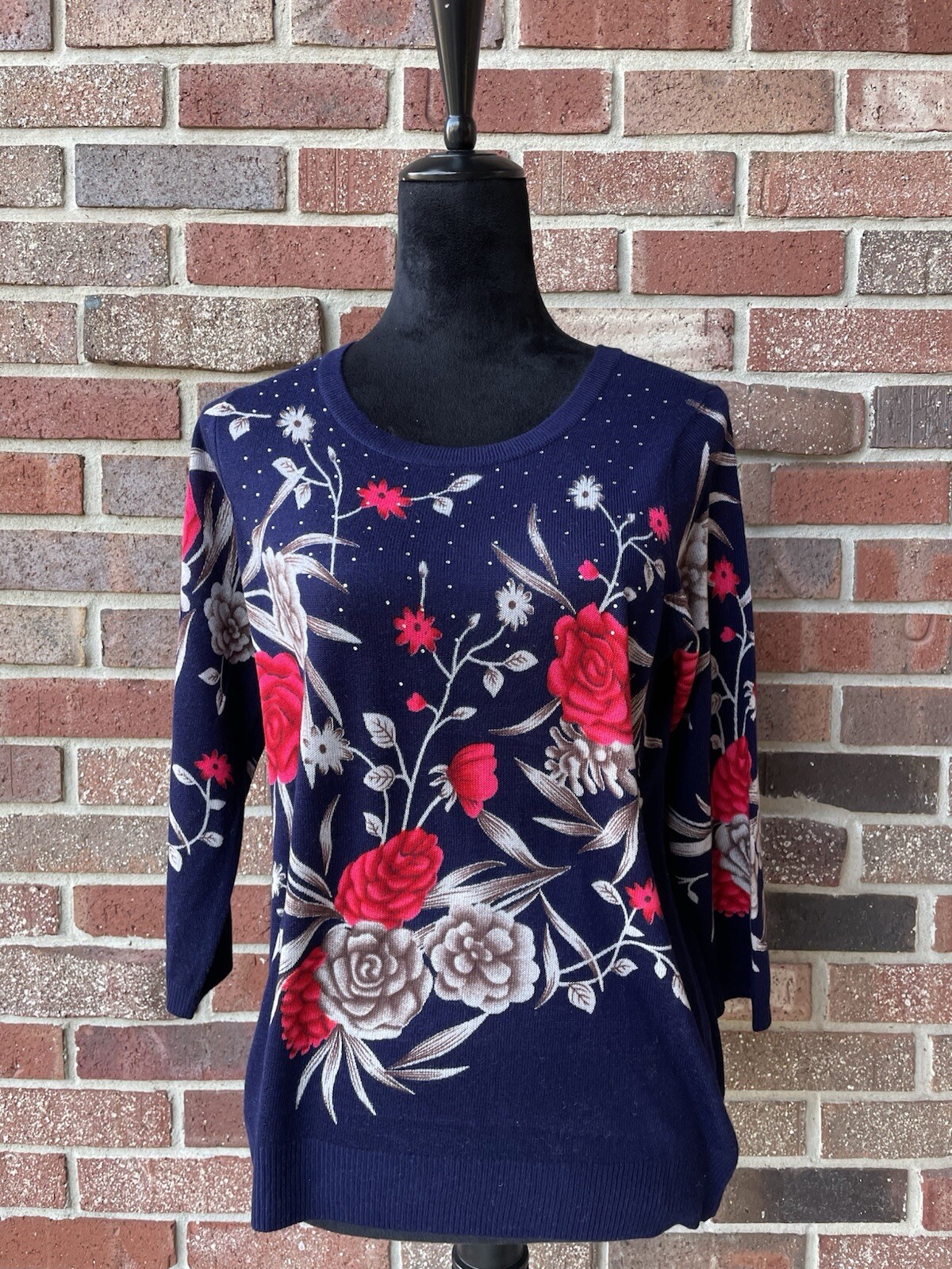 Emily Daniels Silver Stud Floral Bejeweled 3/4 Sleeve Sweater NWT