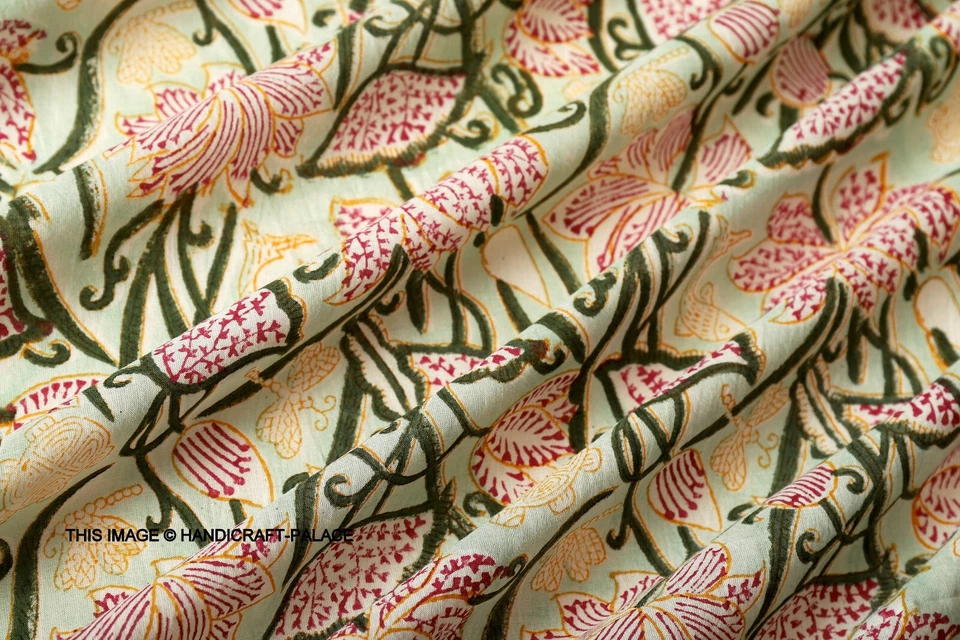 5 Yard Hand Block Green Floral Print Fabric Natural Handmade Cotton Indian Craft - Image 3 of 4